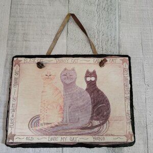 Cat-Themed Hanging Slate Decor With Leather Strap